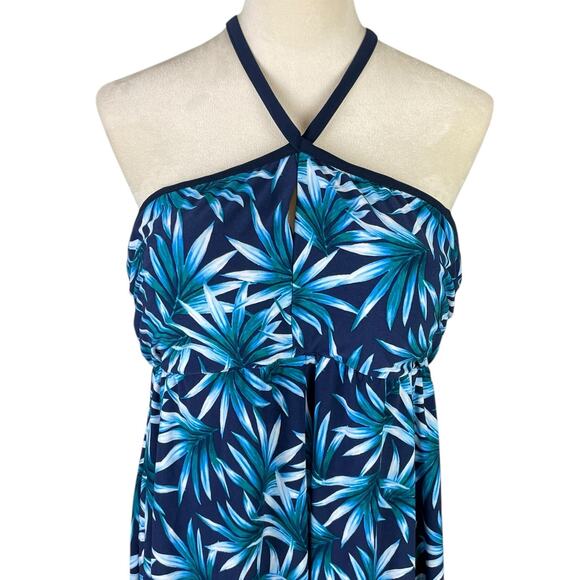 Coastal Blue Plus Tropical Botanical Print Open Back Tankini Swimsuit Top - Picture 4 of 8